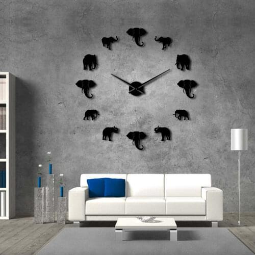 Jungle Animals Elephant DIY Large Wall Clock Home Decor Modern Design Mirror Effect Giant Frameless Elephants DIY Silent Watch