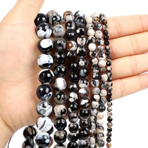 Natural Stone Beads Black White Agate Loose Beads for Jewelry Making Needlework DIY Bracelet Strand 4-12 MM