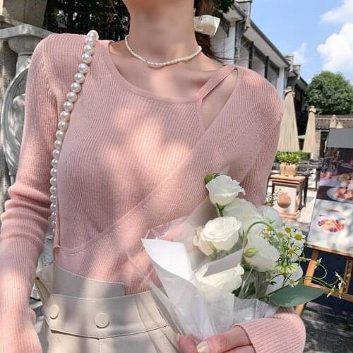 Design Korean Fashion Knit Pullover Ladies 2021 Autumn Elegant Longs Sleeve Thin Slim Blouse Female Pure Color Knitted Blouse