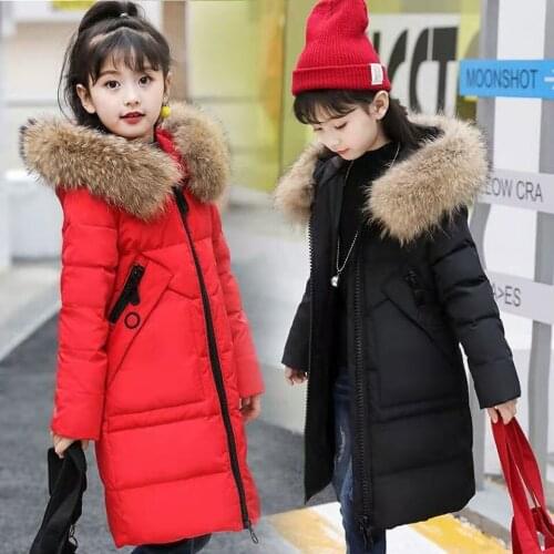 Long Style 3 Colors Fur Collar Hooded Coat Warm Children Girls Jackets Outwear Winter Coats For Kids Teenage Girl Down Parkas