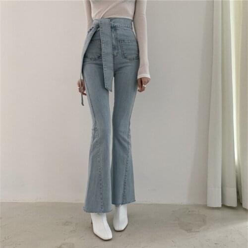 Vintage High Waisted Jeans Woman Sexy Fashion Lace-up Pocket Wash Blue Slim Super Stretchy Jeans Elegant Casual Bell Bottoms
