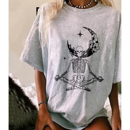 Harajuku Gray Oversized T Shirt Women 2021 Summer Vintage Skull Moon Flower Tee Shirt Femme Casual Loose Short Sleeve T-shirt