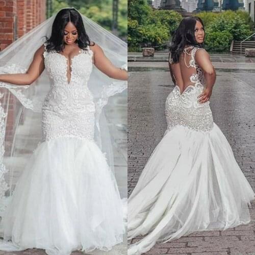 Lace African Mermaid Wedding Dresses Plus Size Custom Made Open Back Court Train Tulle Applique Beads Wedding Gowns
