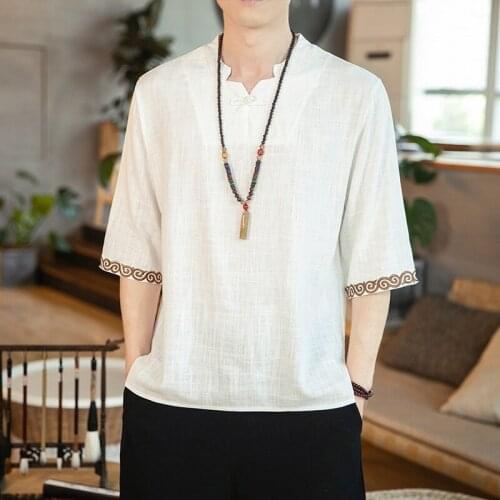 Summer 2021 Embroidery Tops Traditional Chinese Clothing For Men Vintage Shirts Cotton Linen Tang Suit Kung Fu Clothes KK3610