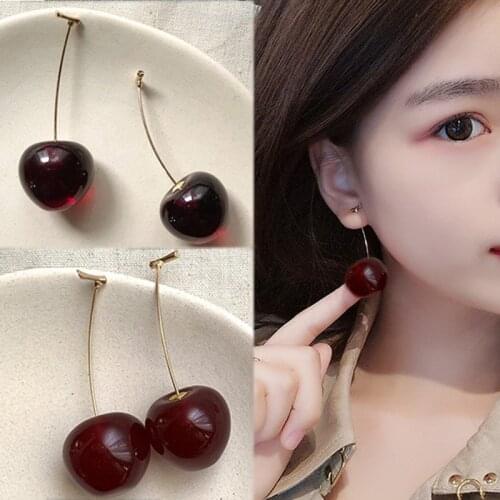 Cute Simulation Red Cherry Sweet Resin Hot Sale Gold Color High Quality For Women Girl Student Fruit 1Pair Earring Gift