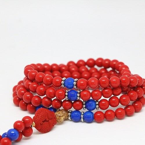 Multilayer synthetic red cinnabar 6mm 108 beads bracelet with douple fishes pendant blue beads diy bracelet 28" B795