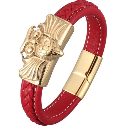 Trendy Red Leather Bracelets Men Owl Shape Gold Stainless Steel Braided Rope Wristband for Male Gift Punk Rock Jewelry SP0919