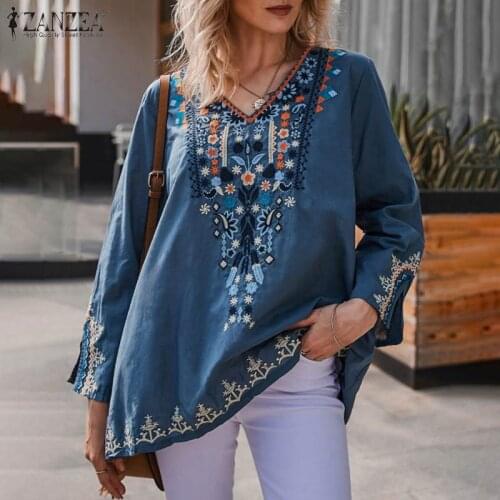 ZANZEA 2021 Fashion Spring Tops Womens Printed Blouses Casual Long Sleeve Blusas Female V Neck Tunic Floral Chemise Plus Size