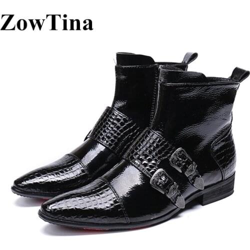 Men Pointed Toe Winter Boots Black Real Leather Short Motorcycle Booties Shoes Handmade Double Buckle Flats Military Botas Shoes