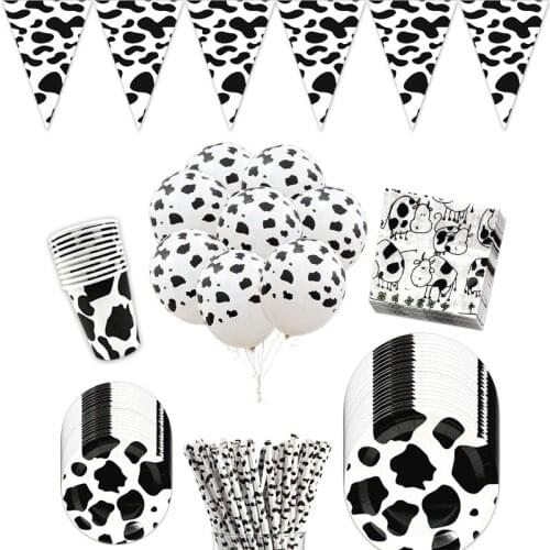 Milk Theme Party Tableware Set Cow Paper Plate Paper Cup Straw Pennant Balloon Birthday Party Decoration abc305