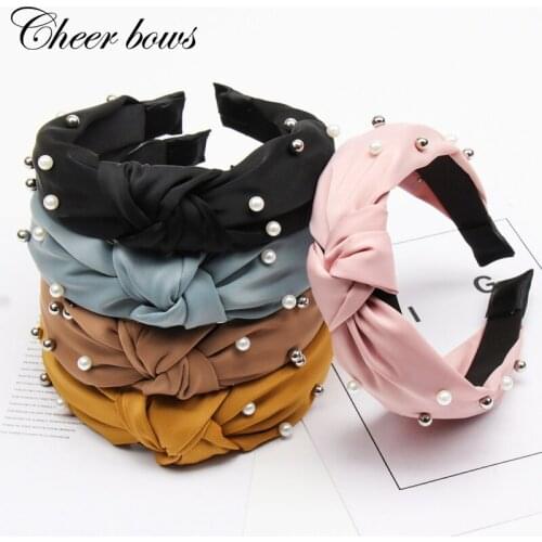 Knot Rhonestone Pearls Headbands For Women Girls Handmade Wide Solid Silk Fabric Twist Hairband Bezel Hair Hoop Hair Accessories