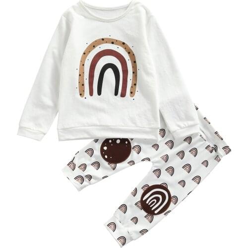 2021 0-4Years Toddler Baby Girl 2Pcs Casual Clothing Set Long Sleeve Rainbow Printed Top Long Pants Outfit