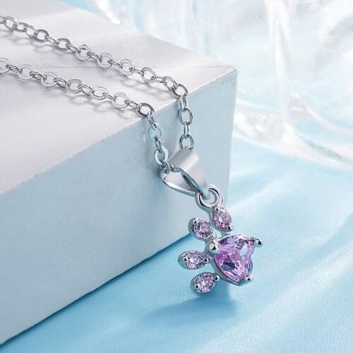 Simple Style Charm Pendants Necklaces For Women Cat Dog Paw Claw Tiny Creative Footprint Necklaces Shiny Pink Zirconia Jewelry