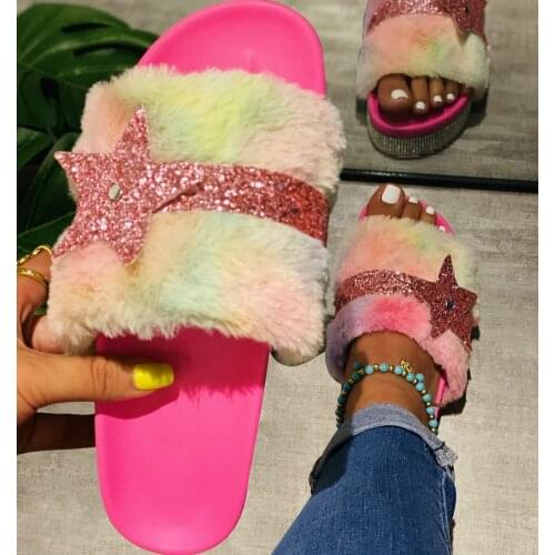 Luxury Designer 2020 Women Fur Slippers Rhinestone Bling Star Decoration Platform Wedges Indoor Furry Slides Casual Shoes