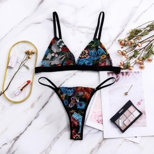 Sexy Erotic Lingerie Set Bra Floral Leaf Embroidery Sleeveless Backless+Thong Black Transparent Underwear Women Bielizna Damska