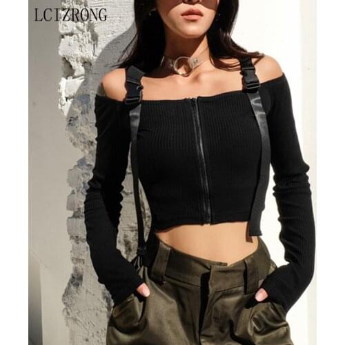 Sexy Tight Slash Neck Crop Top Tshirt Women Fashion Zipper Long Sleeve Slim Short Knitted T Shirt Streetwear Black Tees Female