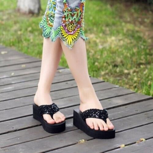 New Ladies Womens Girls Sequin Flatform Wedge Flip Flops Shoes Beach Sandals Comfortable Black