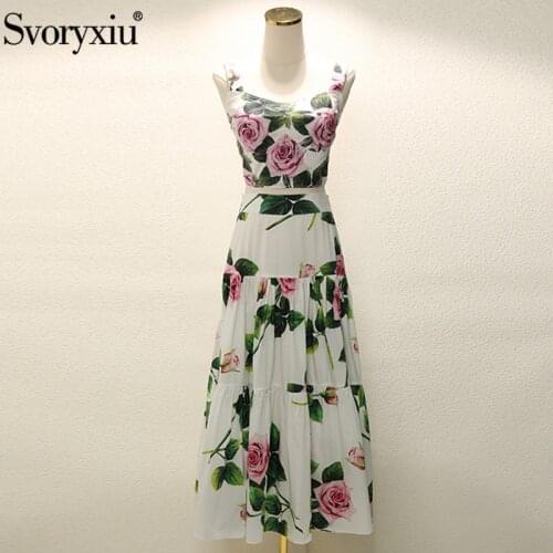 Svoryxiu Runway High-End Summer Cotton White Rose Flower Print Skirt Suit Sexy Camis Corset + Long Skirt Custom Two Piece Set