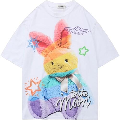 New Rabbit Cartoon Print Tee Shirt Short Sleeve T-shirt Womens Street Fashion Brand Loose Round Neck Summer Tops 2021 For Women