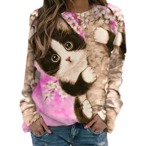 Womens Autumn And Winter Loose Long Sleeve Cat Printed T-shirt Women O-Neck Tops Tee Femme Vintage Retro Slim Fit Jumper Mujer