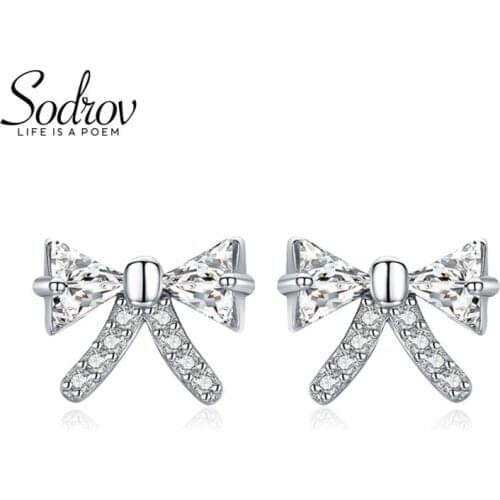 SODROV joyas de plata 925 Romantic Engagement 925 Sterling Silver Jewelry Bow Stud Earrings for Women Female Earring I108
