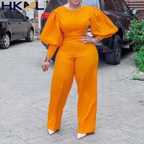 Women Jumpsuits Outfits O-Neck Puff Sleeve Solid Color Simple Style Elegant Loose Chic Overalls 2021