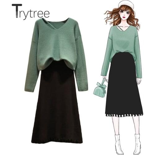 Trytree 2020 Autumn Winter Women Two Piece Set Casual V-neck Solid Loose Tops + Skirt Tassel Office Lady Mid-Calf 2 Piece Set
