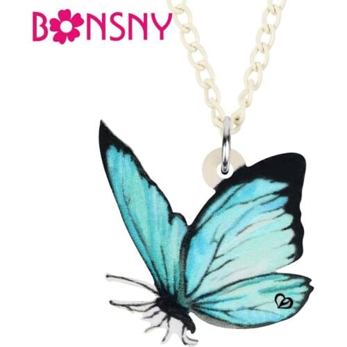 Bonsny Acrylic Blue Morphidae Butterfly Necklace Animal Pendant Jewelry For Women Teen Girls Novelty Birthday Gift Accessories