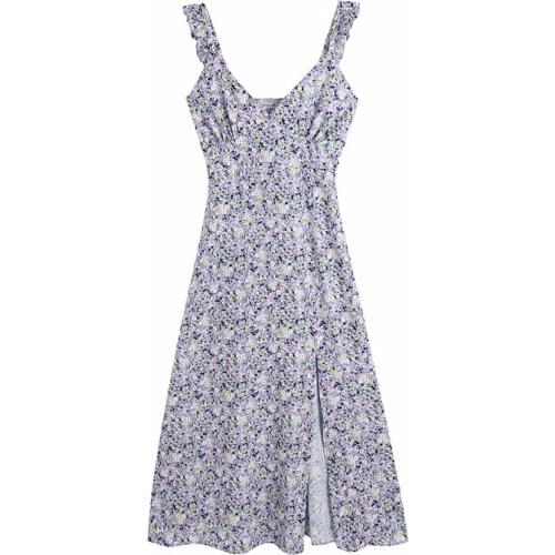 Summer womens casual flower print ruffle trim slit slim-fit suspender dress