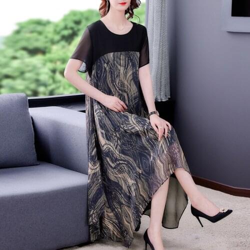 2021 Loose 4XL Plus Size Casual Chiffon Midi Dress Summer Vintage Print Mulberry Silk Dress Elegant Women Bodycon Party Vestidos