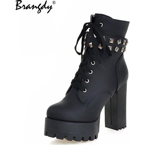 Leather Round Toe High Heel Boots Women Shoes Buckle Rubber Sole Black Platform Shoes Autumn Ankle Boots Punk Shoes Cool boots