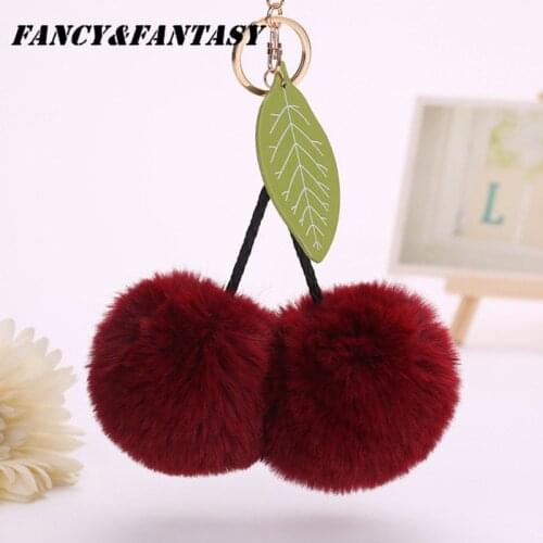 Fancy&Fantasy Rabbit Fur 8cm Leaves Ball Keychain Cherry Pom Pom Fluffy Key Chains Pompom Car Keyring Women Bag Pendant Porte