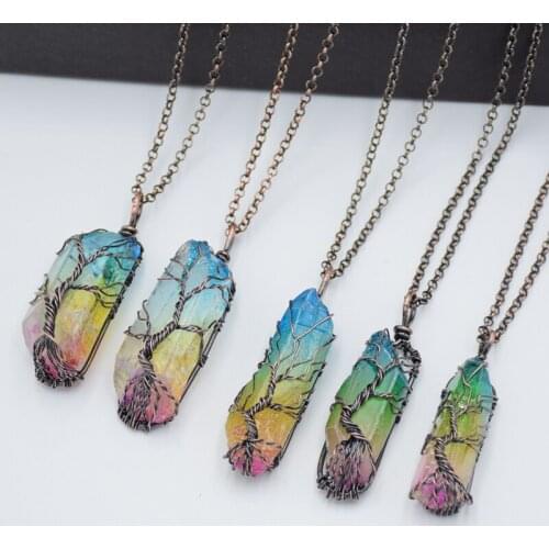 7 Chakra Crystal Natural Stone Chain Antique Copper Wire Tree of Life Quartz Pendant Necklace for Women Men Statement Jewelry