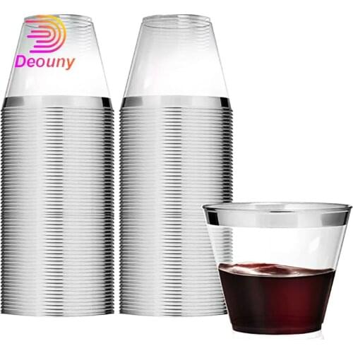 DEOUNY 9OZ Clear Plastic Wine Glasses 50PCS Disposable Party Cups Old Fashioned Reusable Plastic Tumblers Silver Drinkware