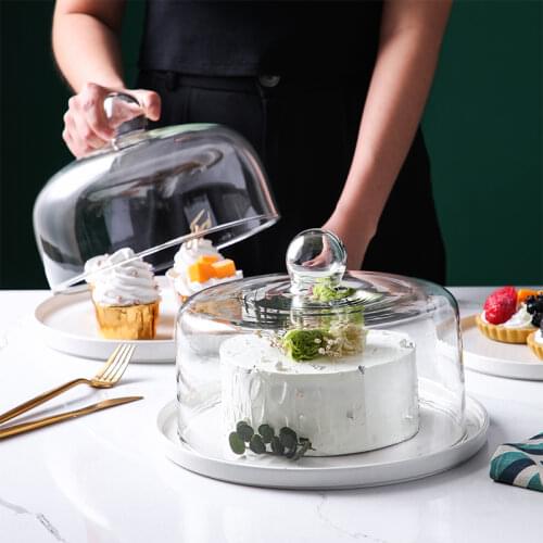 European-style Cake Ceramic Plate with Glass Cover Dustproof Household Dessert Bread Tray Display Stand Holiday Party Decoration