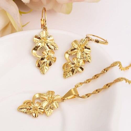 Bangrui Ethiopian Gold Color Flower set Jewelry Pendant Chain Earrings African Bride Wedding Flower Bijoux