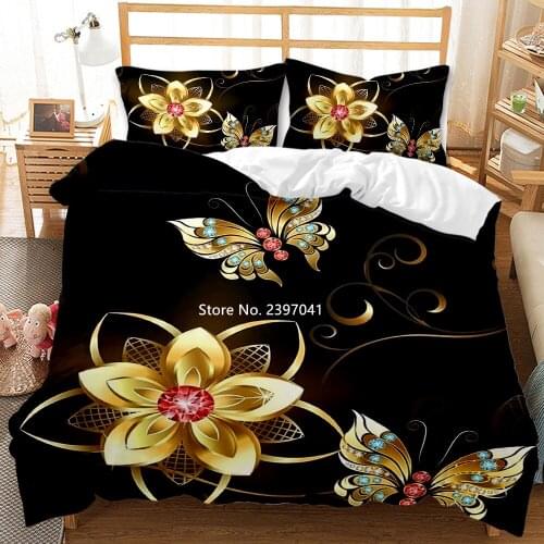 2-3 Black Down Bed Cover Pillowcase Golden Butterfly Bedding Set Adult Home Decor Queen King Full Size Home Textile Knitwear