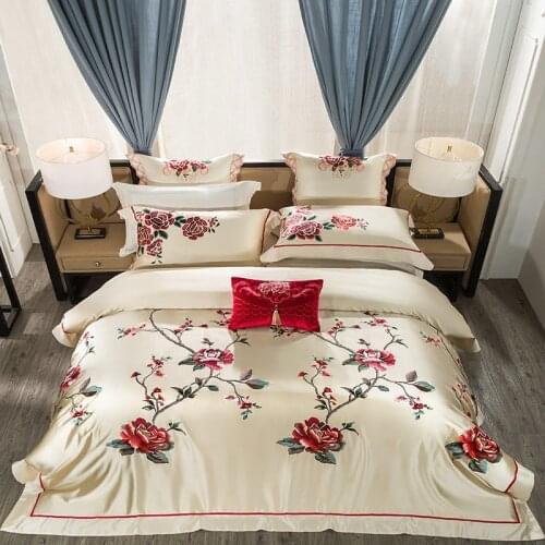 Chic Rose Blossom Embroidery Bedding set Luxury Silky Satin Duvet cover Ultra soft Bed Sheet Bedspread Pillow shams Queen King