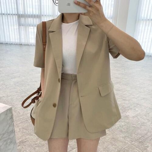 Summer Korean Shorts Sets Office Lady 2 Two Piece Set Women High Waist Short Pant and Short Sleeve Blazer Suits Casual Outfits