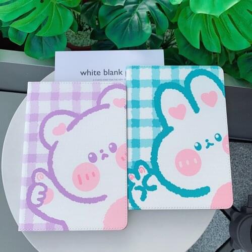 Grid Style Cute Bear Rabbit Leather Soft Tablet Protective Case For iPad Air 1 2 3 Mini 4 5 Pro 2017 2018 2019 2020 Cover