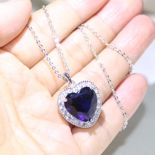 Sparkling Luxury Jewelry Heart Pedant 925 Sterling Silver Big 5A Blue Cubic Zirconia Pave CZ Party clavicle Necklace For Women