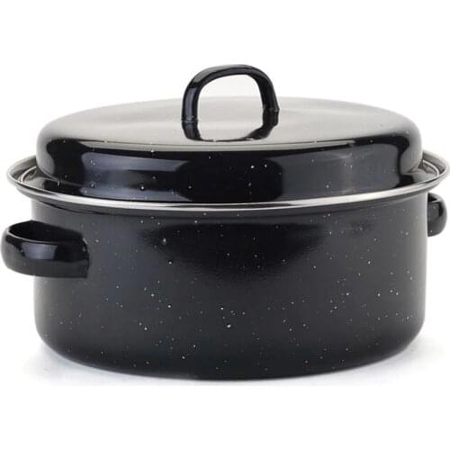 TTLIFE Round Enamel Roaster Tin with Lid Oven Roasting Baking Dish Tray Black Steamer Pot Cooking Kitchen Tool Cookware