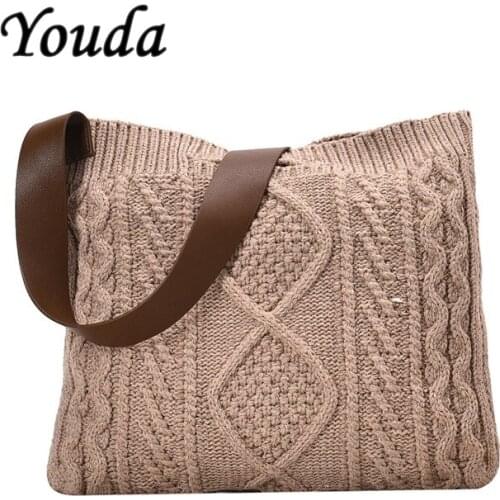 Youda Women Woolen Knitted Braid Criss Cross Handbag Winter Korean Fashion Retro Chic Bags High Capacity Shoulder Bag