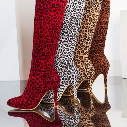 YQBTDL 2020 Autumn White Red Leopard Sexy Long Thigh High Boots Stiletto Stretch Faux Suede Slim Boots Over The Knee Women Shoes