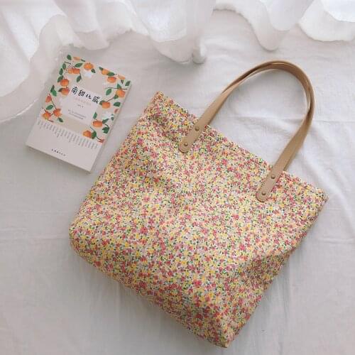 Cotton Fabric Floral Handbag Women Sweet Tote Bag Leather Handle Female Vintage Shoulder Handbag Large Capacity Outing Hand Bag