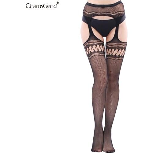 Women Hollow Out Small Fishnet Mesh Stockings Sexy Tights Garter Belt Suspender Black Lace Pantyhose Over Knee Long Stocking