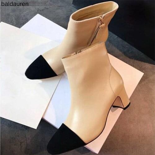 2021 New Winter Boots Genuine Leather Round Toe Zipper Fashion Ladies High Heels Chunky Thick Heel Women Boots Booties