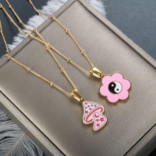 ZMFashion Flowers Gossip Yin And Yang Mushroom Sun Color Epoxy Necklace Ring Set Woman Stainless Steel Fashion Exquisite Jewelry