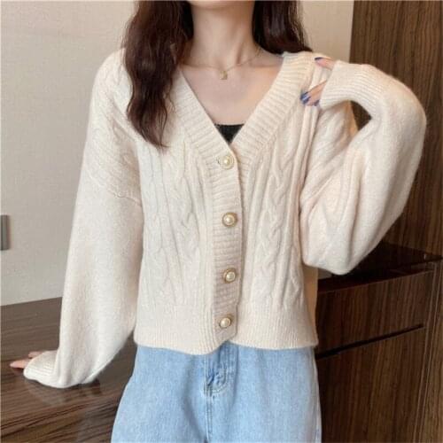 Autumn Single-Breasted V-Neck Short Cardigan Women Loose Long Sleeve Knitted Sweater Women Korean Fashion Casual Cardigans C7503