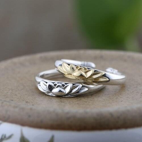 100% Real 925 Sterling Silver colour Lotus Flower Open Rings for Women Men Lovers Gifts Thai Silver colour Fashion Jewelry